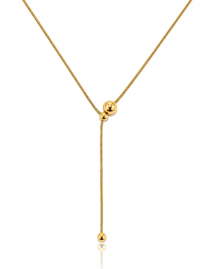 Elli Jewellery gold plated minimalist necklace featuring a delicate chain with two hanging ball pendants