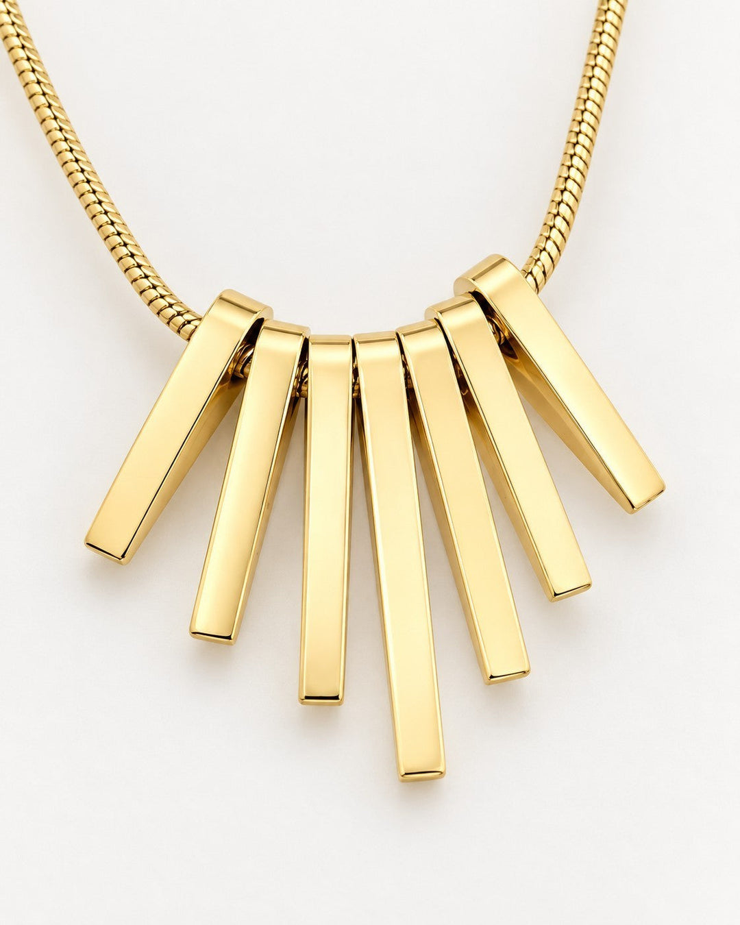 Elli Jewellery gold plated necklace featuring a fan-shaped pendant with six sleek vertical bar charms on a snake chain