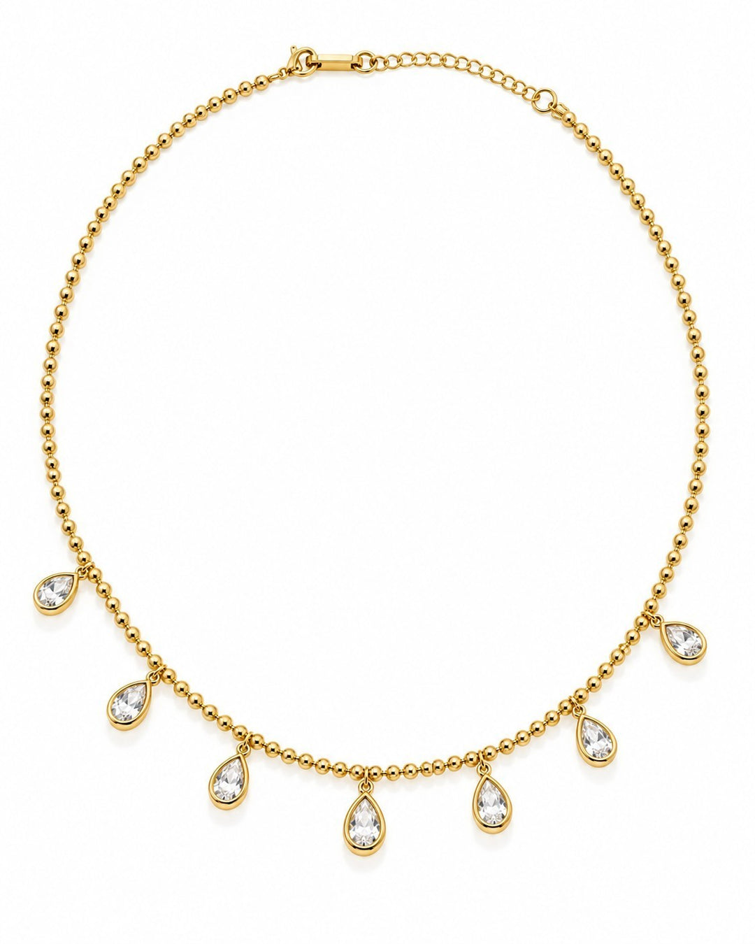 Elli Jewellery gold plated chain necklace featuring delicate bead links and dangling teardrop-shaped crystal charms.