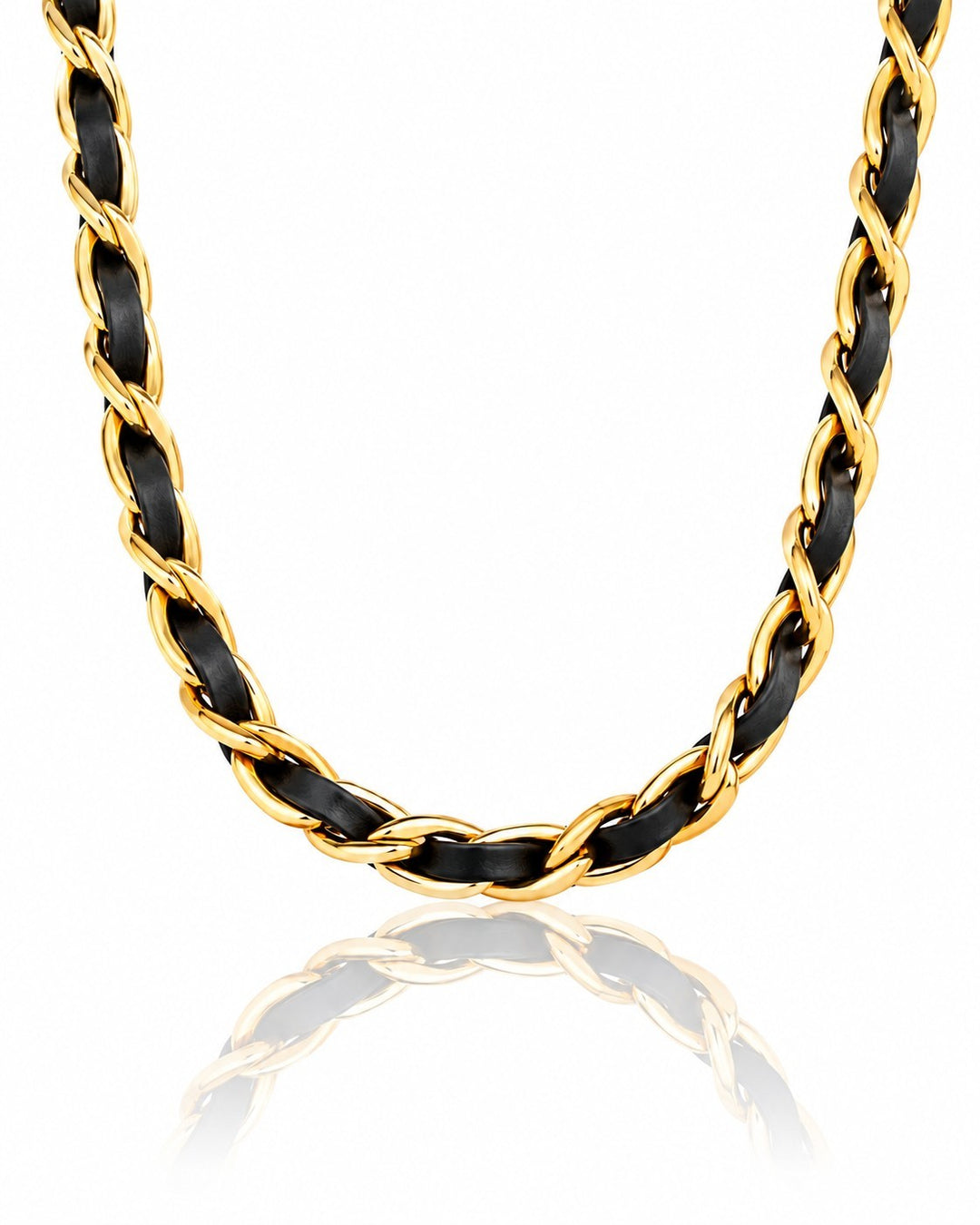 Elli Jewellery gold plated curb chain necklace interwoven with black leather for a bold statement look.