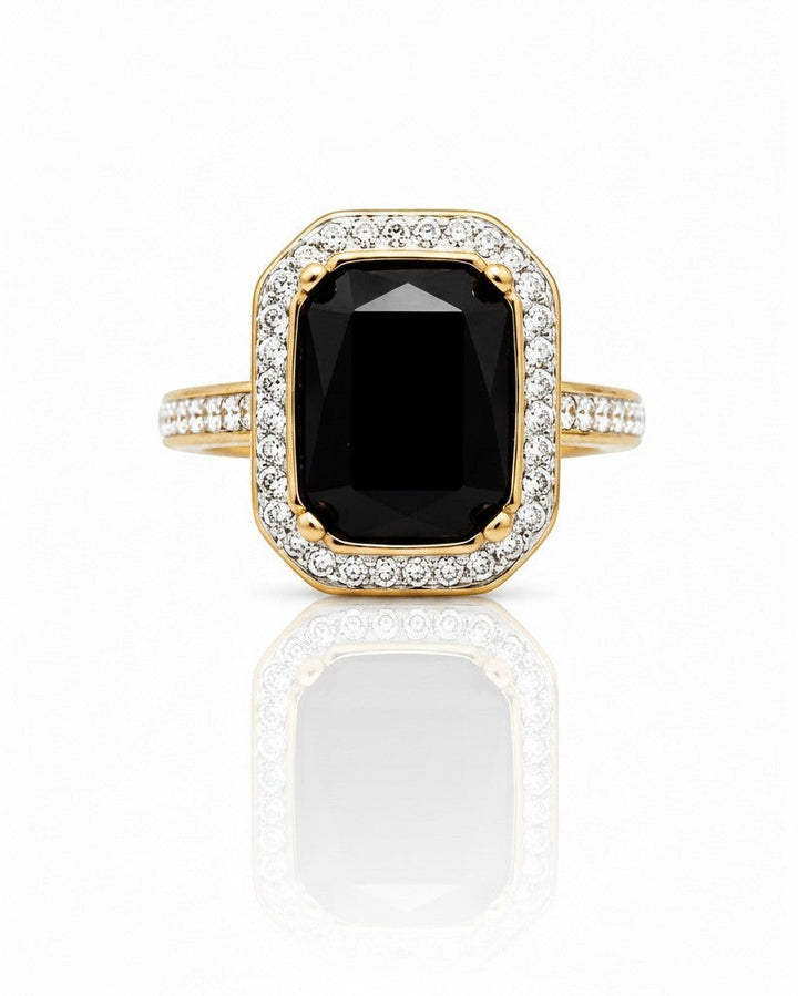 Elli Jewellery gold plated chunky ring featuring a large rectangular black stone surrounded by a halo of white crystals.