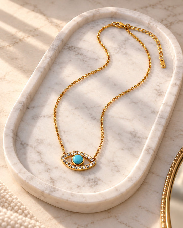 Elli Jewellery gold plated necklace featuring a blue crystal zirconia evil eye pendant on a delicate chain