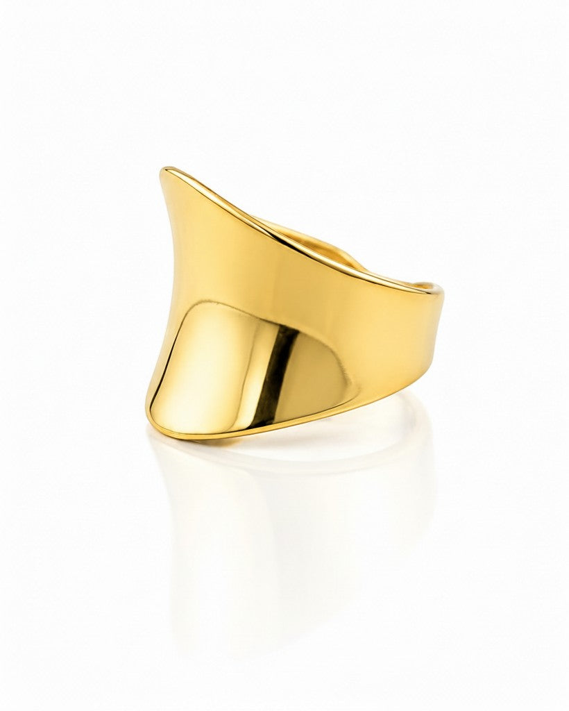 Elli Jewellery gold plated brushed cambered open cuff ring with a minimalist modern design