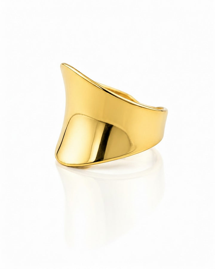 Elli Jewellery gold plated brushed cambered open cuff ring with a minimalist modern design