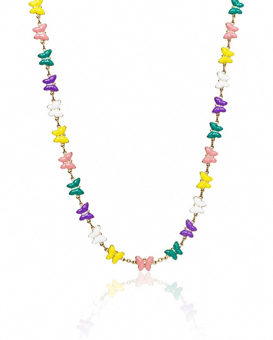 Elli Jewellery gold plated chain necklace featuring vibrant multi-coloured enamel butterfly charms