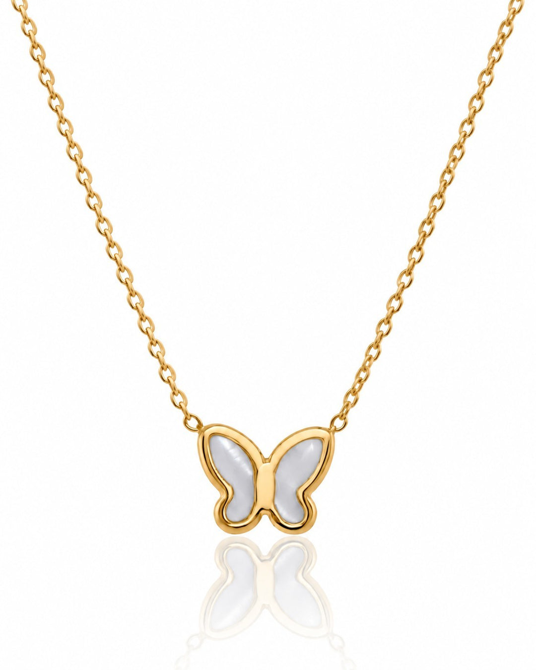 Elli Jewellery gold plated butterfly pendant necklace featuring iridescent mother of pearl and delicate enamel accents.