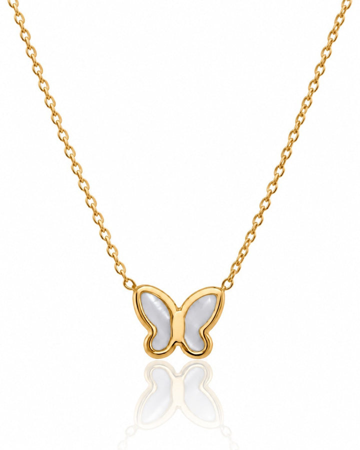 Elli Jewellery gold plated butterfly pendant necklace featuring iridescent mother of pearl and delicate enamel accents.