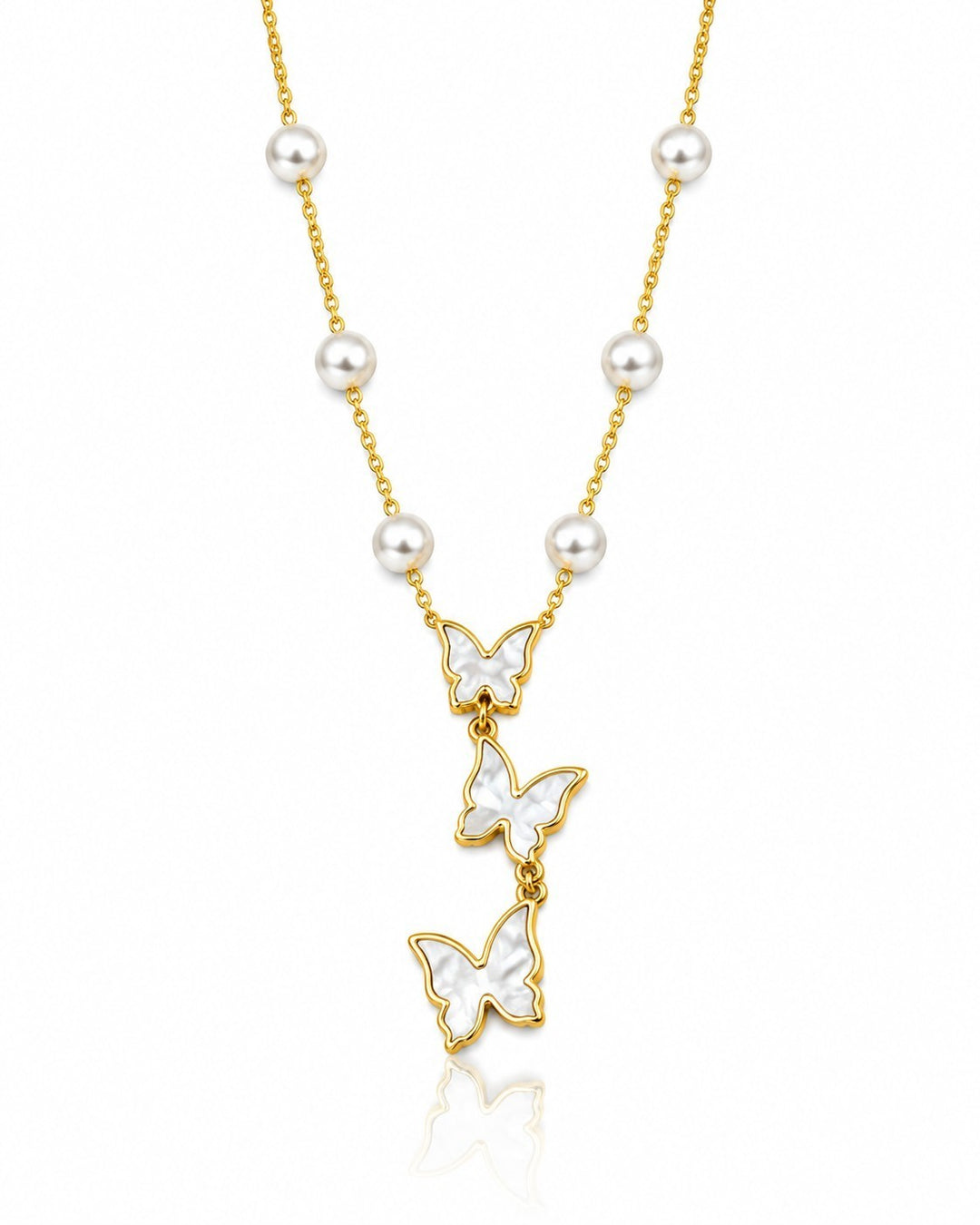 Elli Jewellery gold plated necklace featuring three white butterfly pendants and delicate pearl accents on a chain.