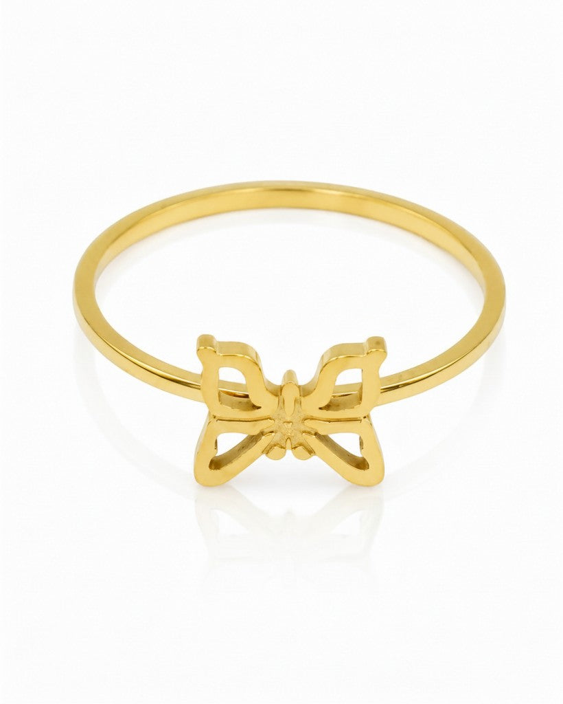 Elli Jewellery gold plated butterfly statement ring with a delicate cutout wing design on a white background