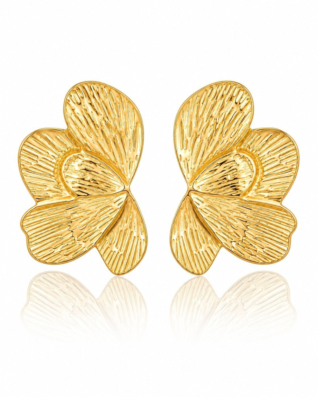 Elli Jewellery sculptural butterfly stud earrings in 18ct gold plated metal with fine etched linear texture.