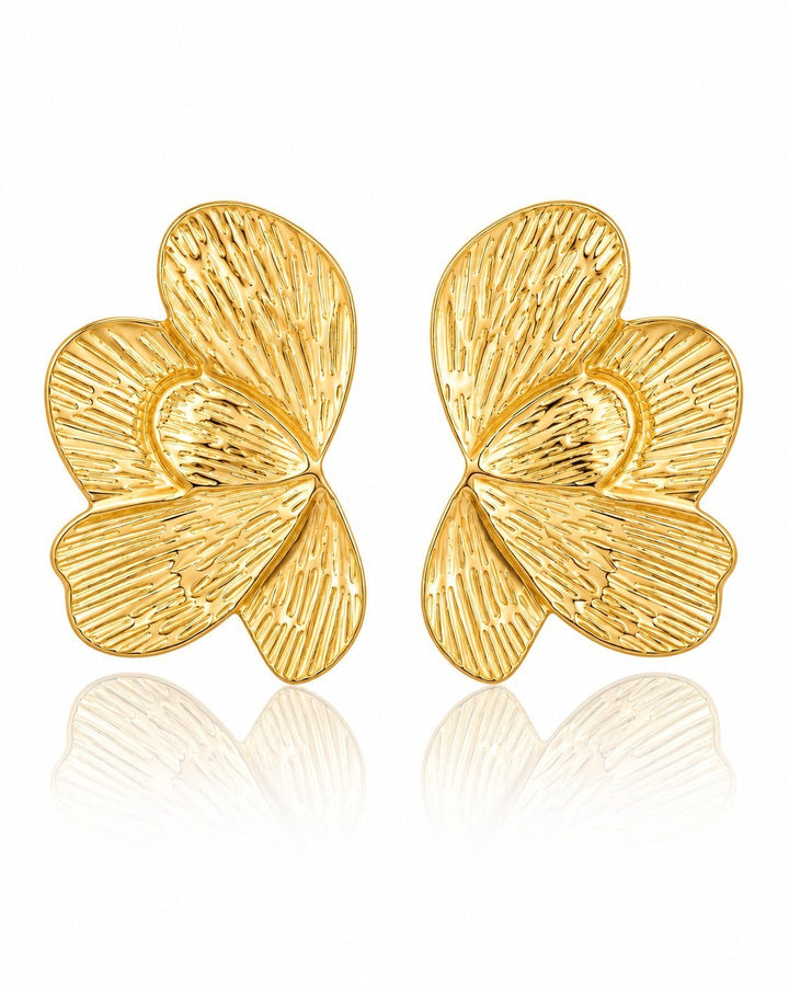Elli Jewellery sculptural butterfly stud earrings in 18ct gold plated metal with fine etched linear texture.
