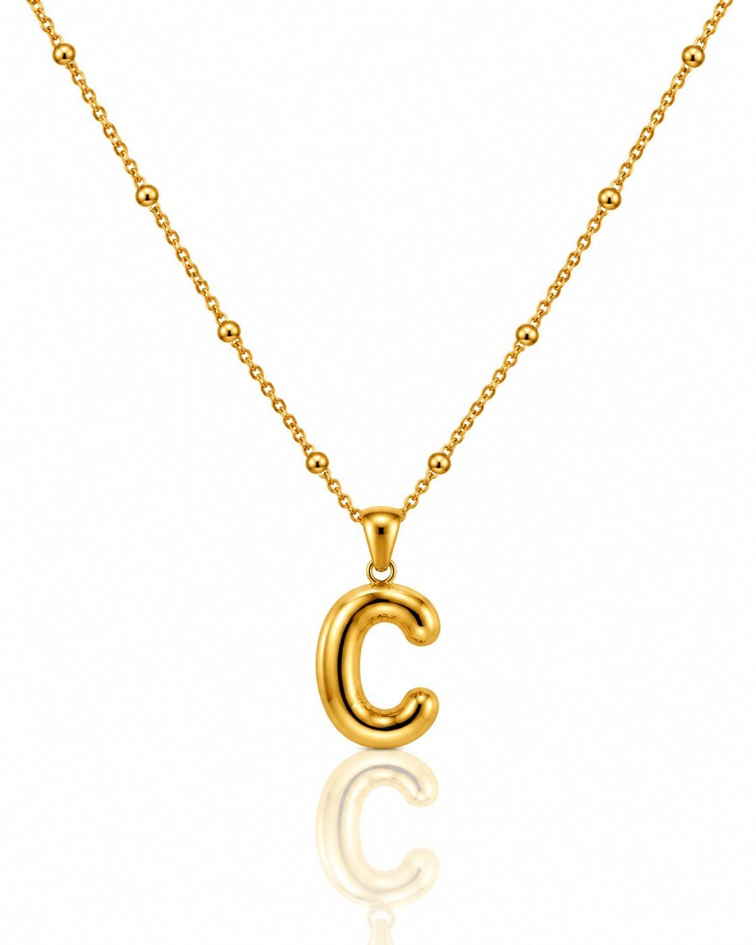 Elli Jewellery gold plated waterproof chunky C initial pendant necklace on a delicate beaded chain