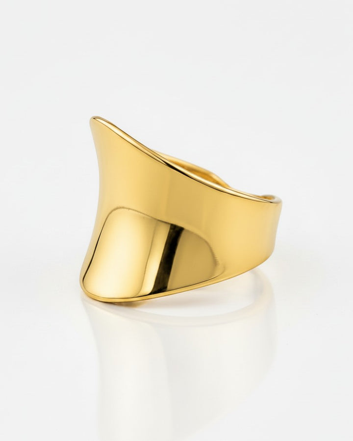 Elli Jewellery gold plated brushed cambered open cuff ring with a minimalist and contemporary design.