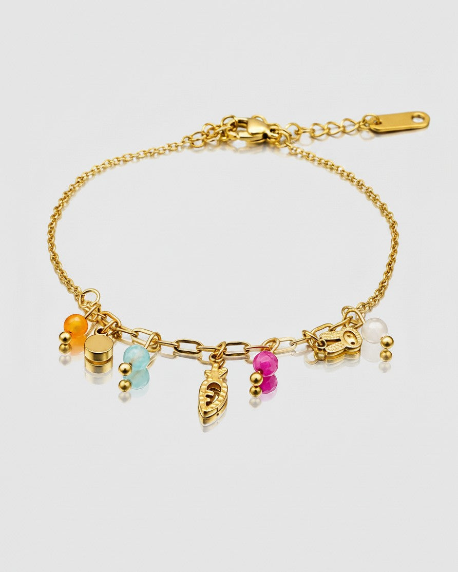 Elli Jewellery gold plated waterproof charm bracelet featuring a carrot charm and colourful gemstone beads.