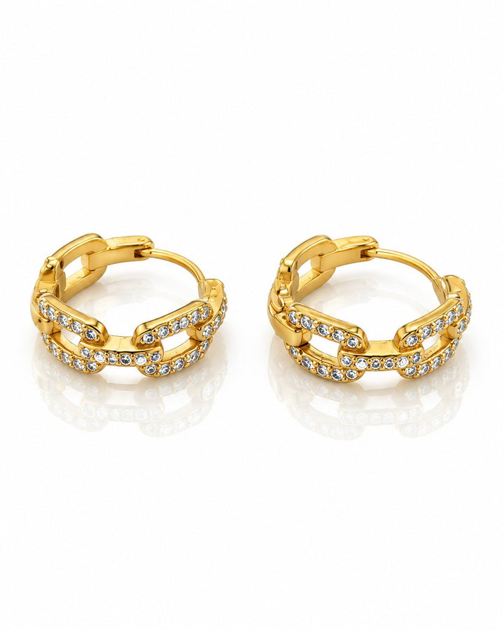 Elli Jewellery gold plated chunky chain link hoop earrings featuring sparkling crystal accents on a white background