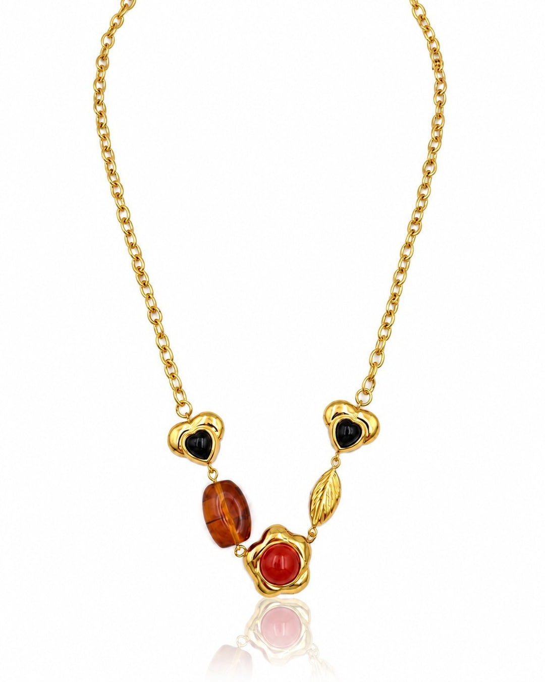 Elli Jewellery gold plated chain necklace featuring heart, amber, and red stone charms on a delicate link chain.