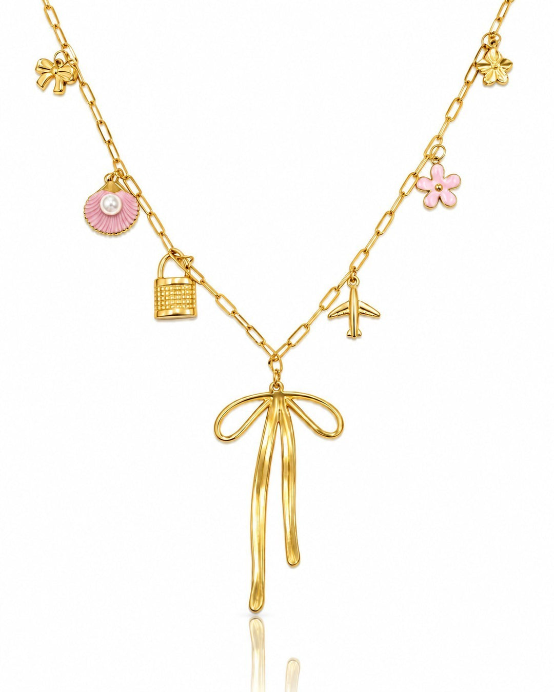 Elli Jewellery gold plated stainless steel charm necklace featuring a bow, seashell, padlock, airplane, and flower.
