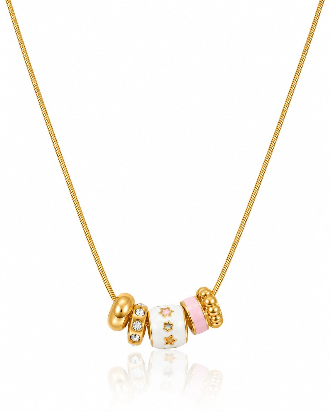 Elli Jewellery gold plated dainty chain necklace featuring multi-coloured enamel and crystal charms