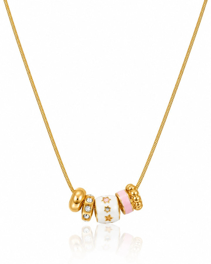 Elli Jewellery gold plated dainty chain necklace featuring multi-coloured enamel and crystal charms