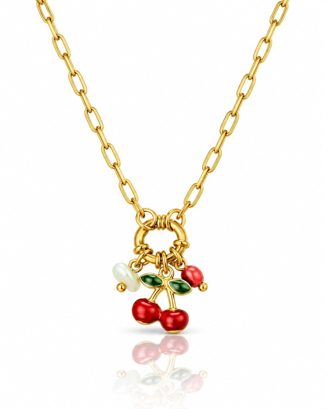 Elli Jewellery gold plated necklace featuring a playful cherry charm with red, green, and white pearl accents.