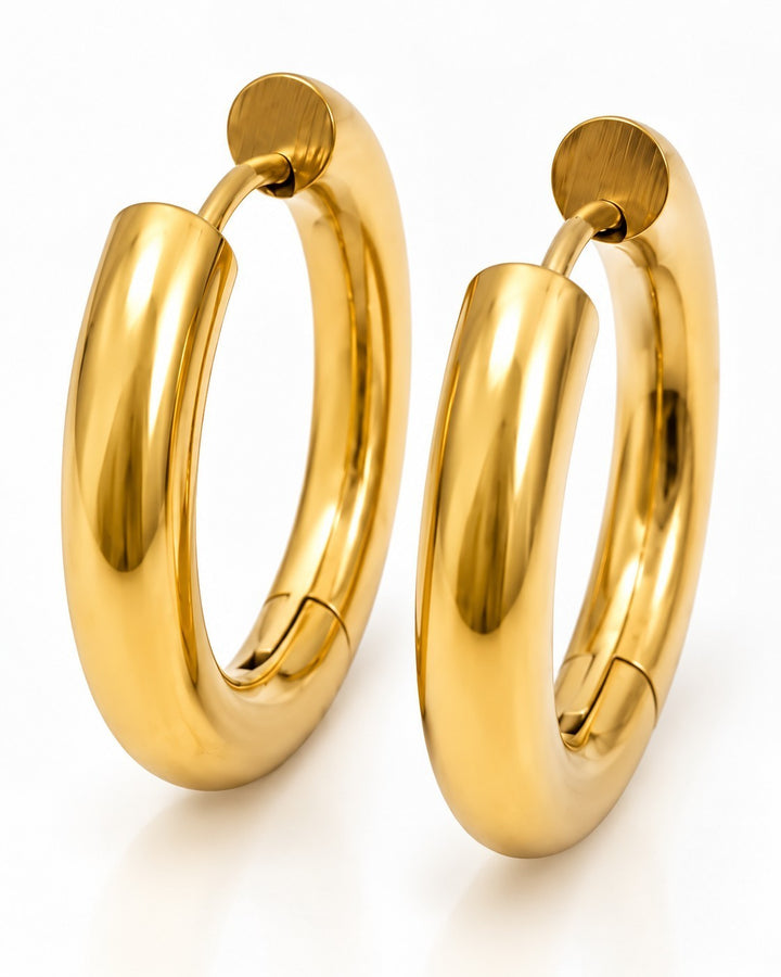 Elli Jewellery gold plated chunky 2cm hoop earrings with a smooth polished finish, waterproof and hypoallergenic.