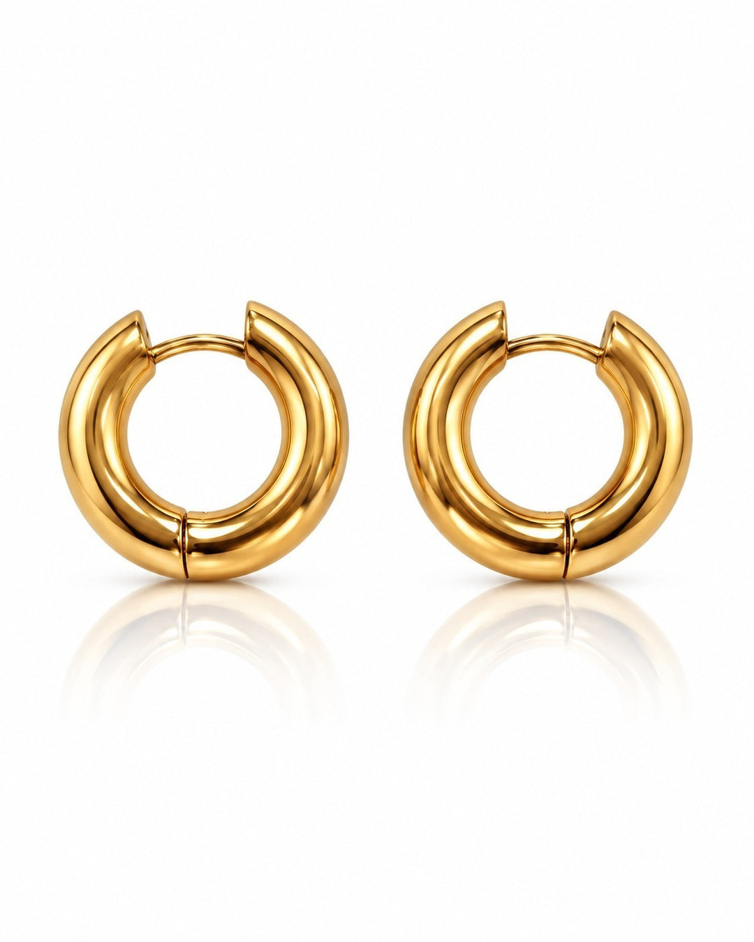 Elli Jewellery gold plated waterproof chunky 2cm hoop earrings with a smooth polished finish on a white background