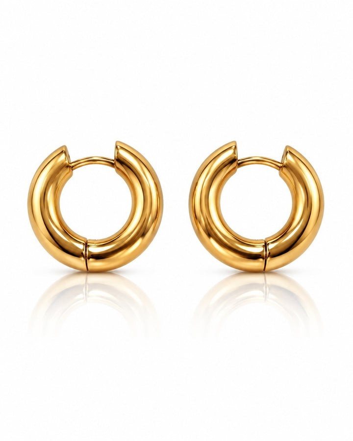 Elli Jewellery gold plated waterproof chunky 2cm hoop earrings with a smooth polished finish on a white background