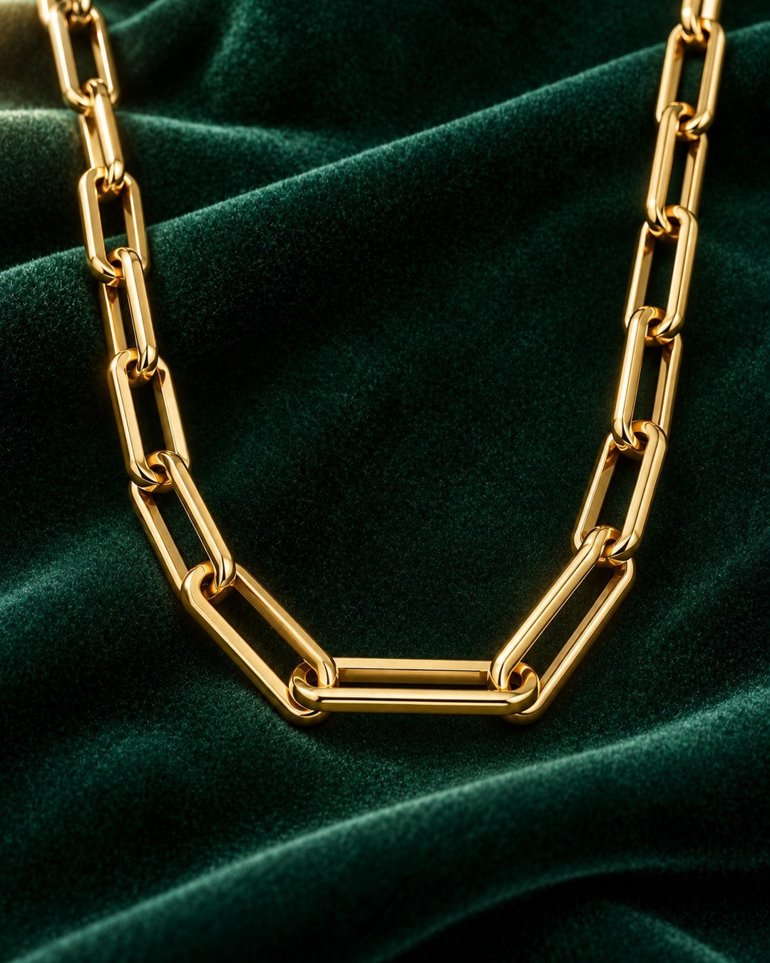 Elli Jewellery gold plated chunky paper link chain necklace resting on a luxurious dark green velvet fabric background.