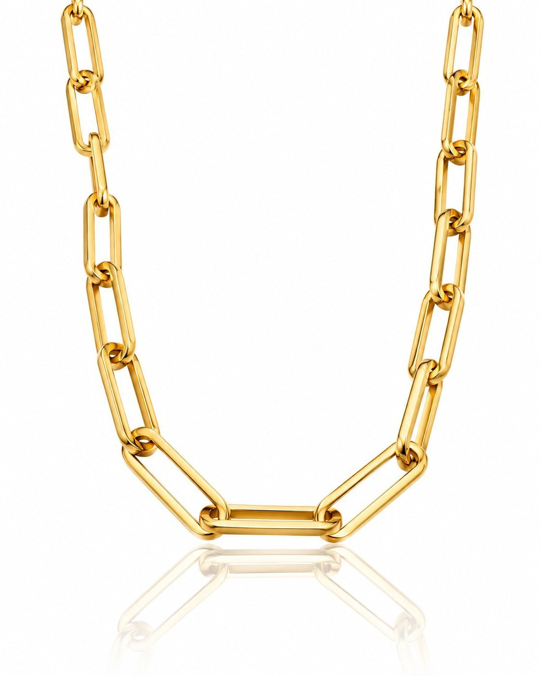 Elli Jewellery gold plated chunky paper link chain necklace with a polished finish on a white background