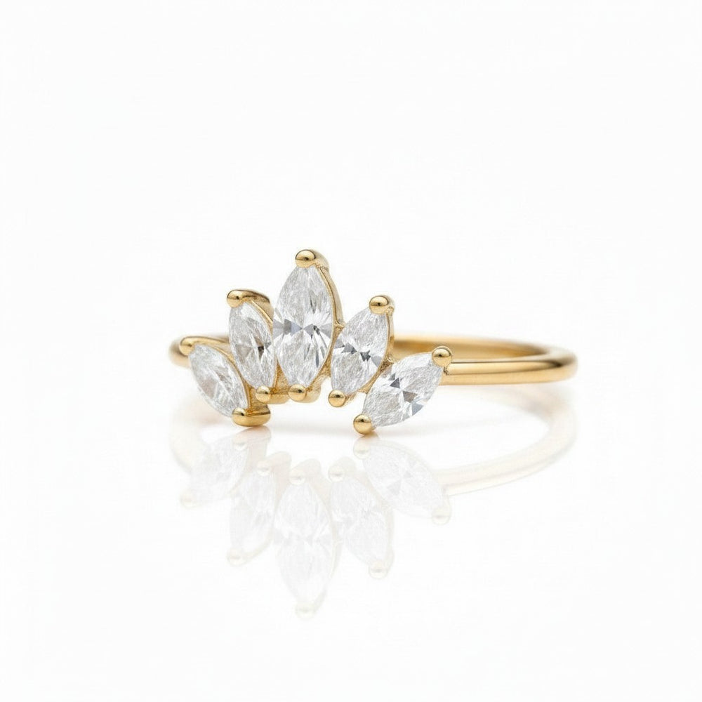 Elli Jewellery gold plated crown ring featuring marquise-cut crystals in a delicate, waterproof statement design.