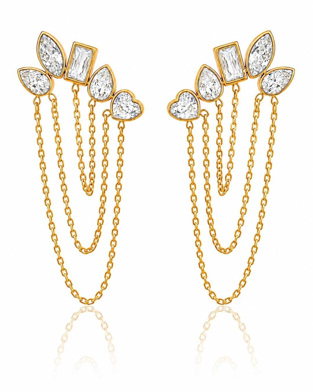 Elli Jewellery gold plated drop earrings featuring a cluster of mixed-cut crystals and delicate hanging chains.