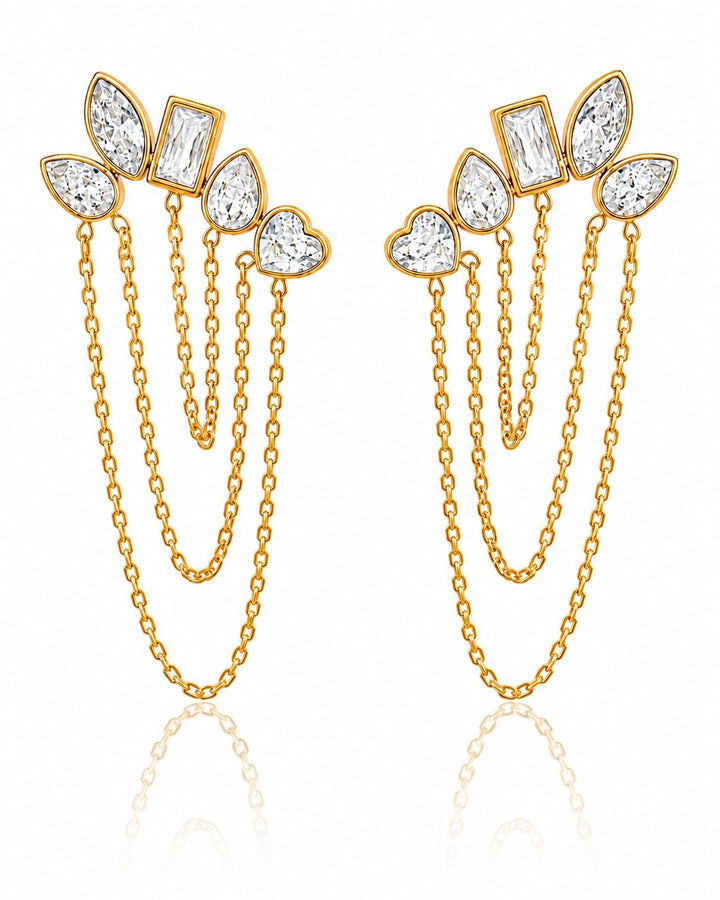 Elli Jewellery gold plated drop earrings featuring a cluster of mixed-cut crystals and delicate hanging chains.