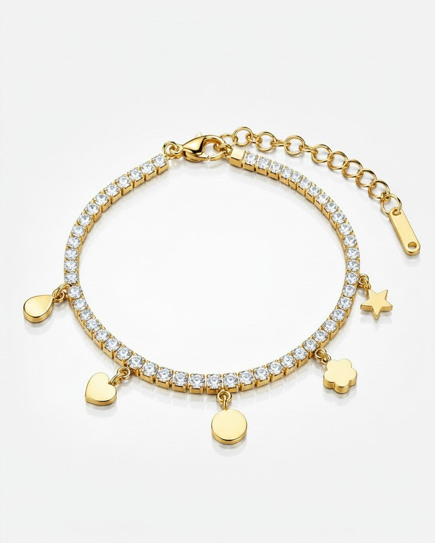 Elli Jewellery gold plated tennis bracelet with crystal stones and dangling heart, star, and disc charms