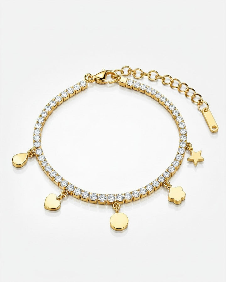Elli Jewellery gold plated tennis bracelet with crystal stones and dangling heart, star, and disc charms