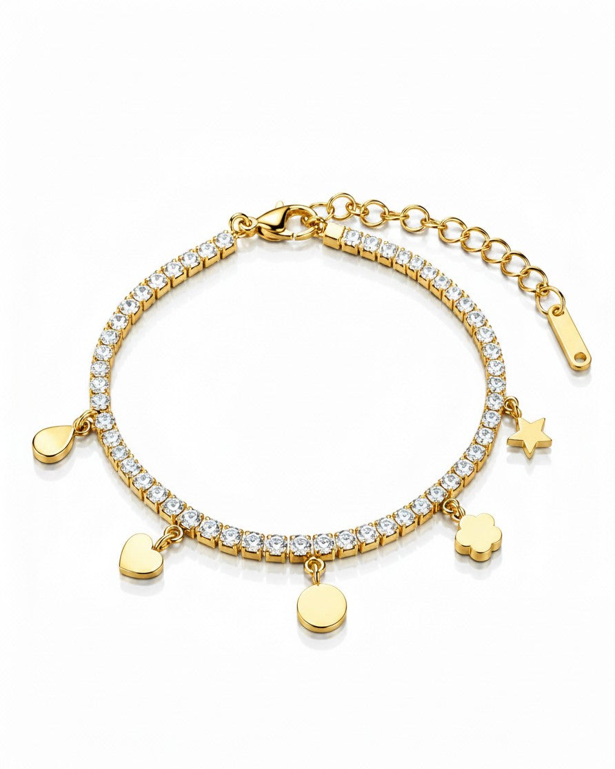 Elli Jewellery gold plated waterproof tennis bracelet with crystal accents and dangling heart, star, and disc charms.