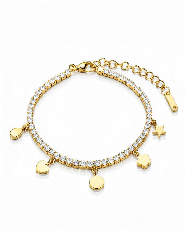 Elli Jewellery gold plated waterproof tennis bracelet with crystal accents and dangling heart, star, and disc charms.
