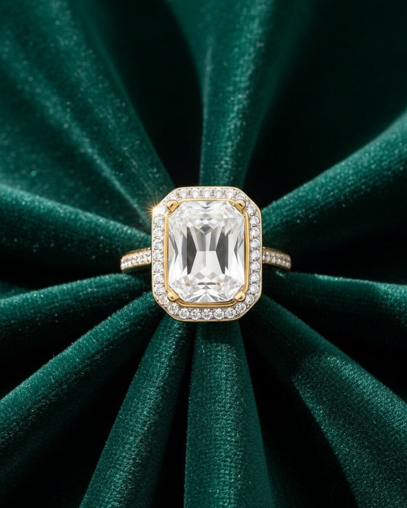 Elli Jewellery gold plated chunky ring featuring a large rectangular clear crystal surrounded by pavé stones.