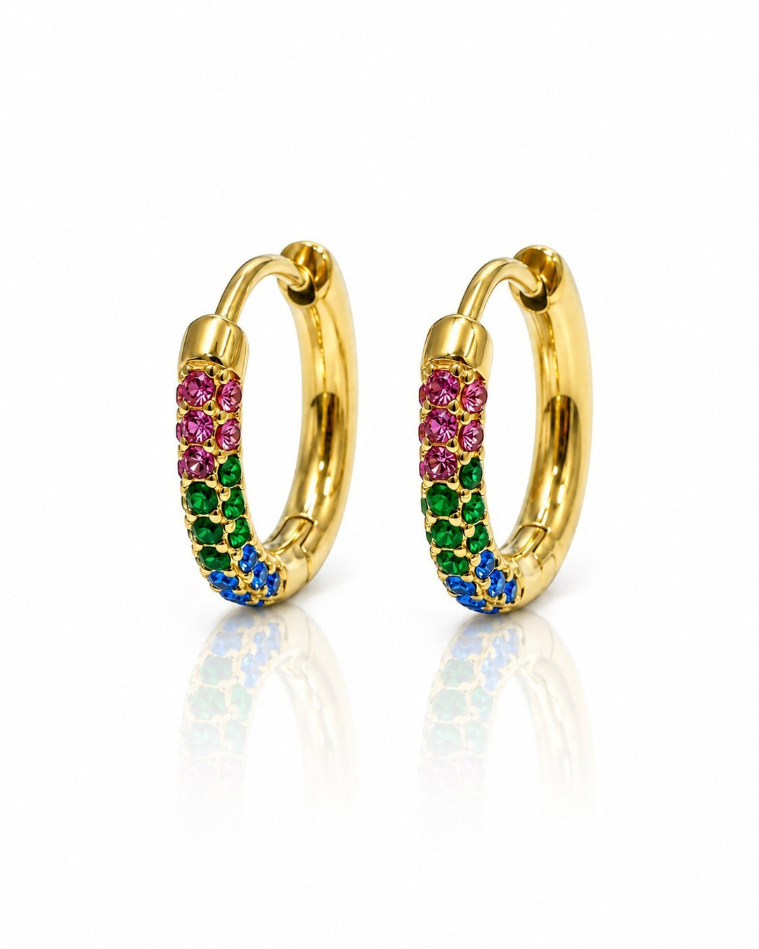Elli Jewellery gold plated stainless steel hoop earrings featuring vibrant multicoloured crystal embellishments.