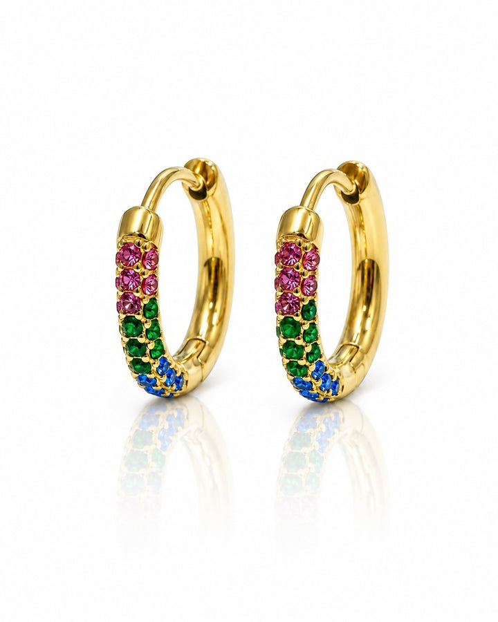 Elli Jewellery gold plated stainless steel hoop earrings featuring vibrant multicoloured crystal embellishments.