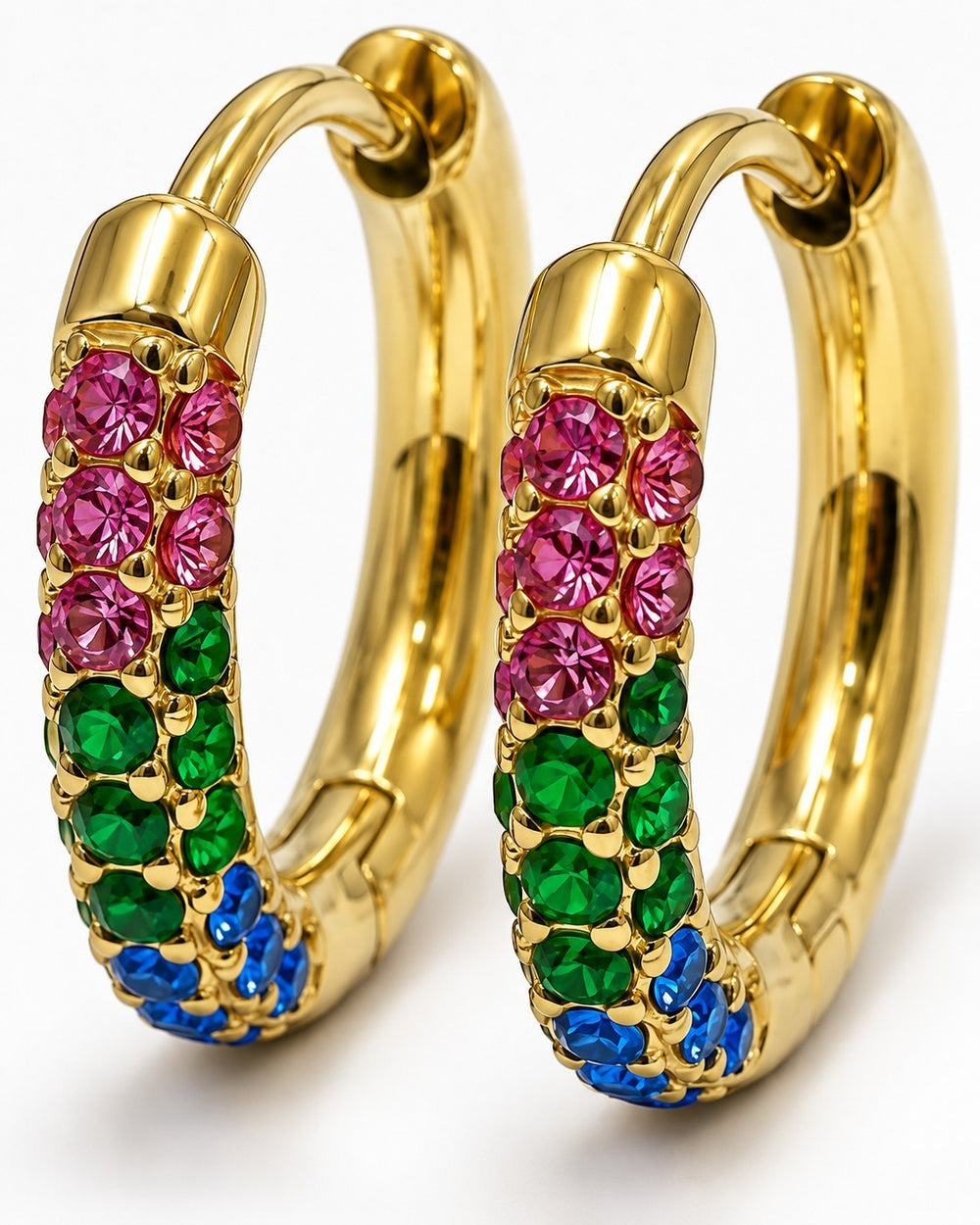 Elli Jewellery gold plated hoop earrings featuring rows of vibrant pink, green, and blue crystals on a white background