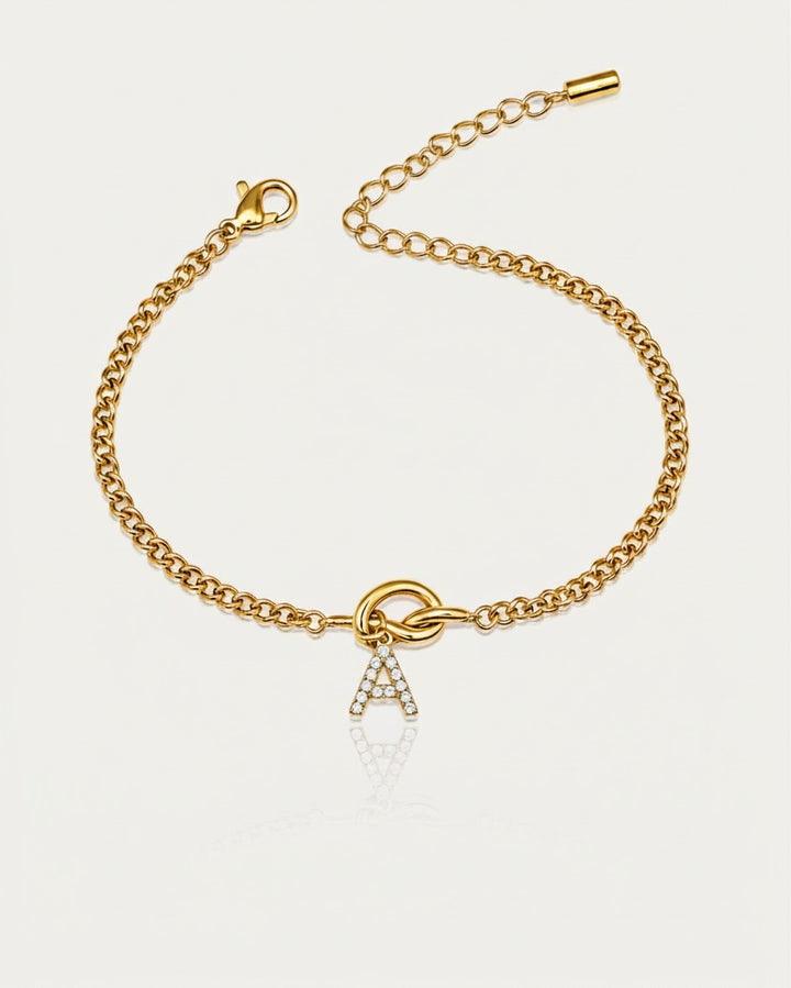 Elli Jewellery gold-plated initial bracelet featuring a crystal-encrusted letter A charm on a delicate chain.