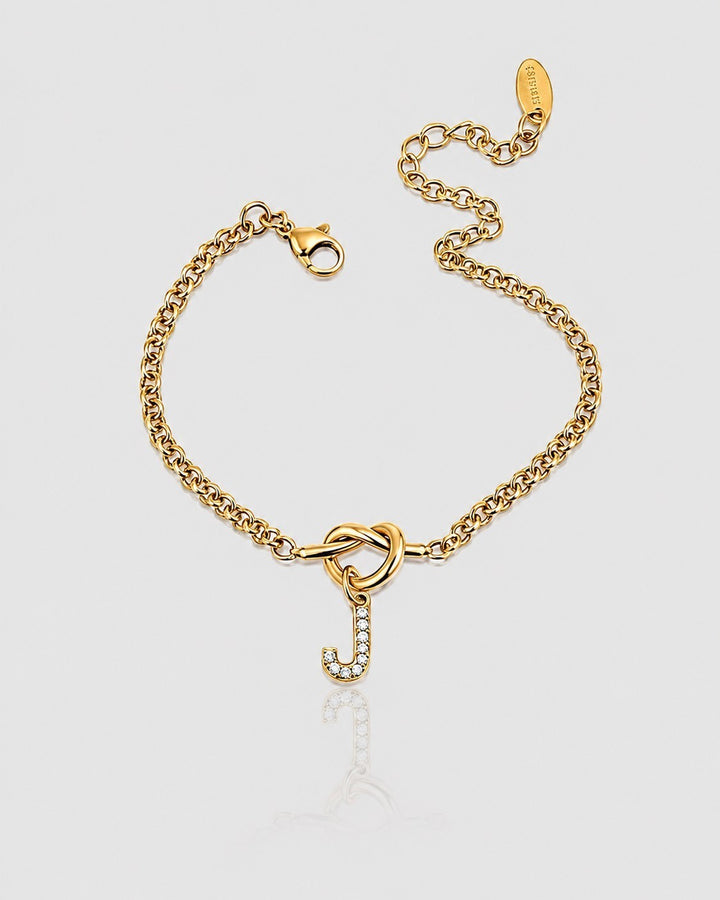 Elli Jewellery gold plated chain bracelet featuring a crystal-encrusted letter J charm and a lobster clasp closure.