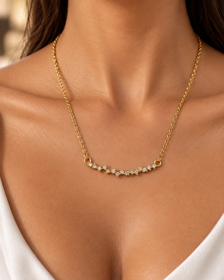 Elli Jewellery gold plated waterproof necklace featuring a delicate row of shimmering cubic zirconia stones on a chain