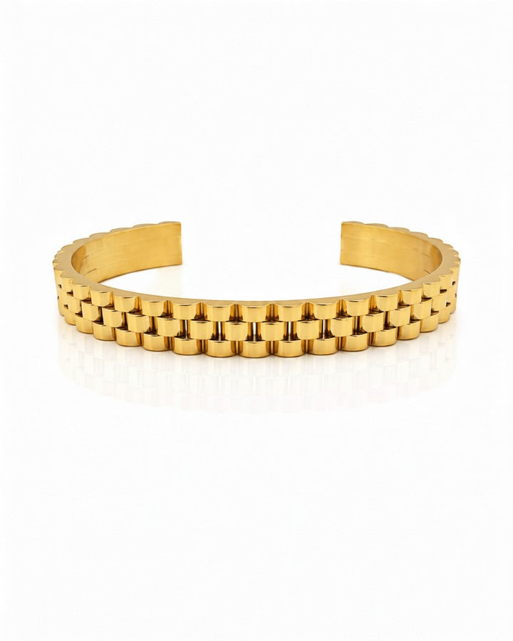 Elli Jewellery gold plated waterproof wide cuff bangle with a textured link-style design on a white background.