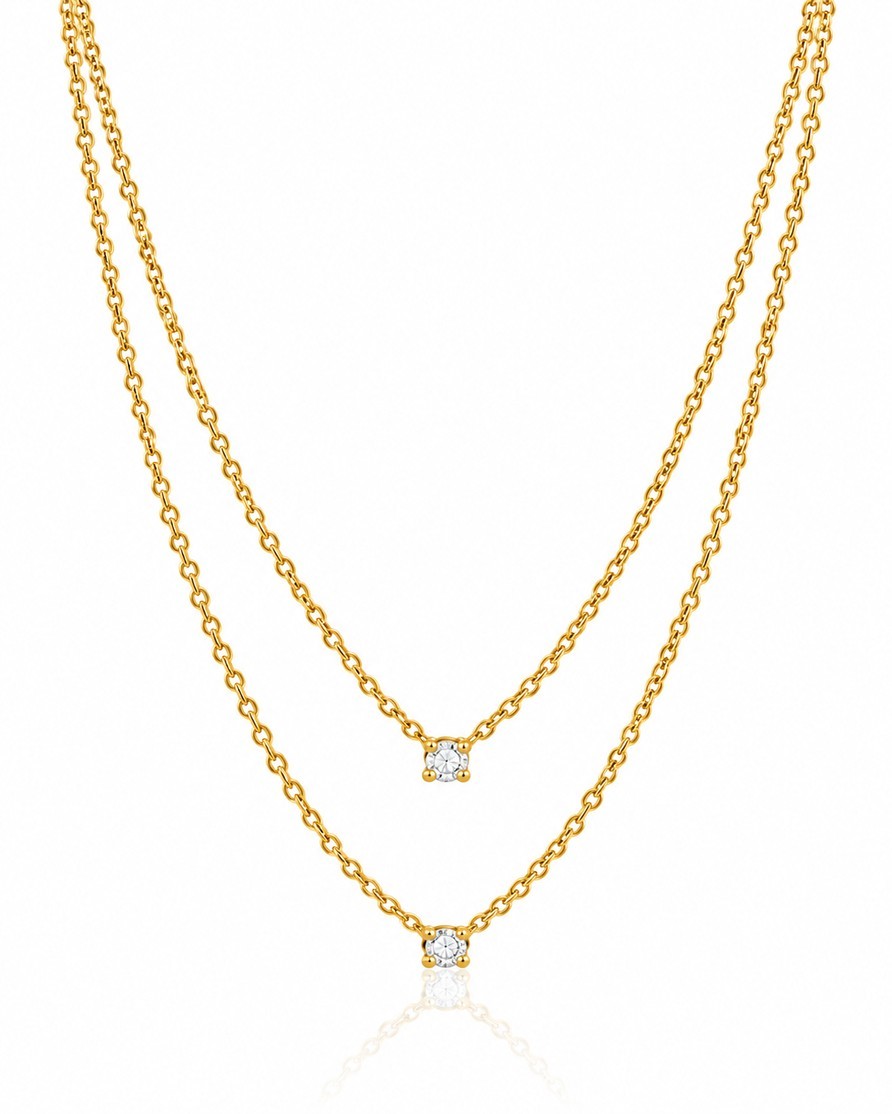 Elli Jewellery gold plated double chain necklace featuring two sparkling cubic zirconia crystal pendants