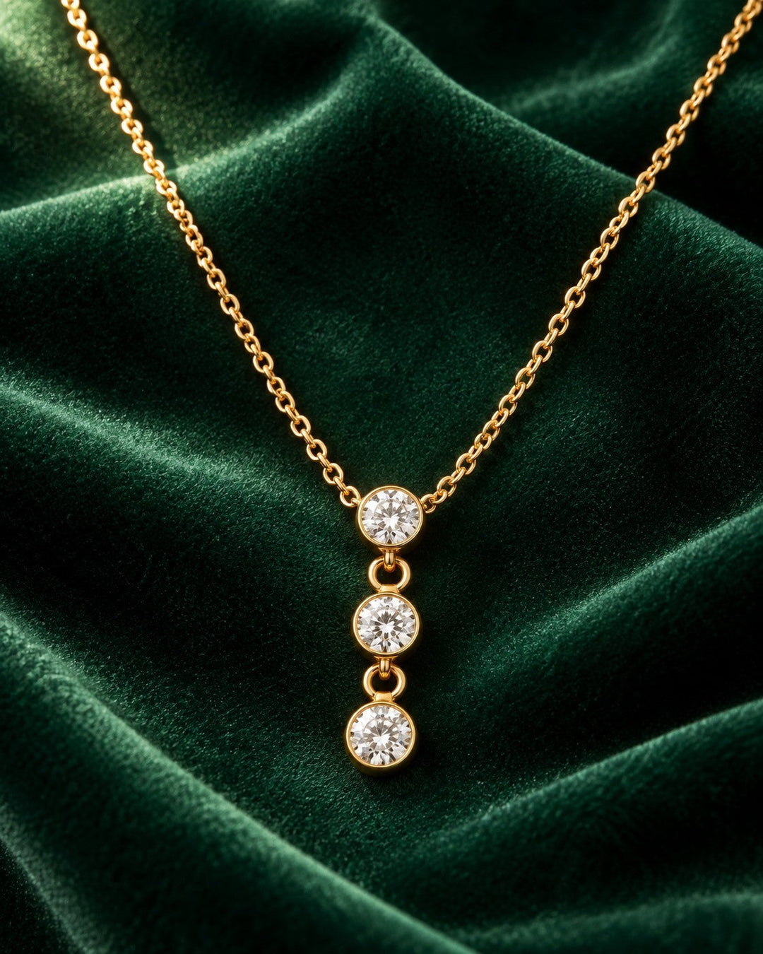 Elli Jewellery dainty gold plated necklace featuring three sparkling cubic zirconia stones on a delicate chain.