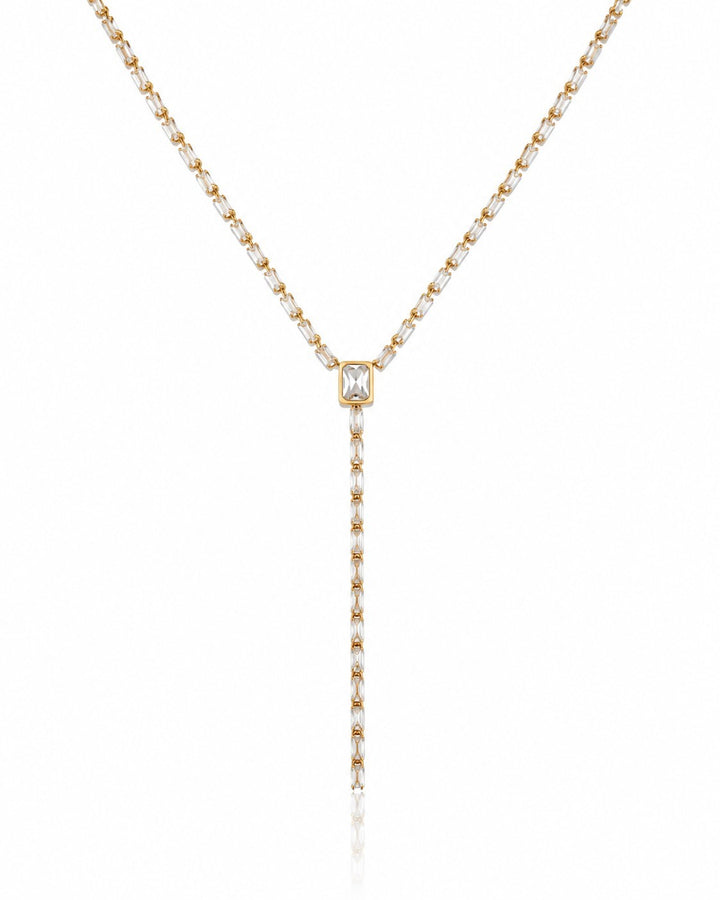 Elli Jewellery gold plated long necklace featuring a central baguette diamante crystal and delicate chain detail