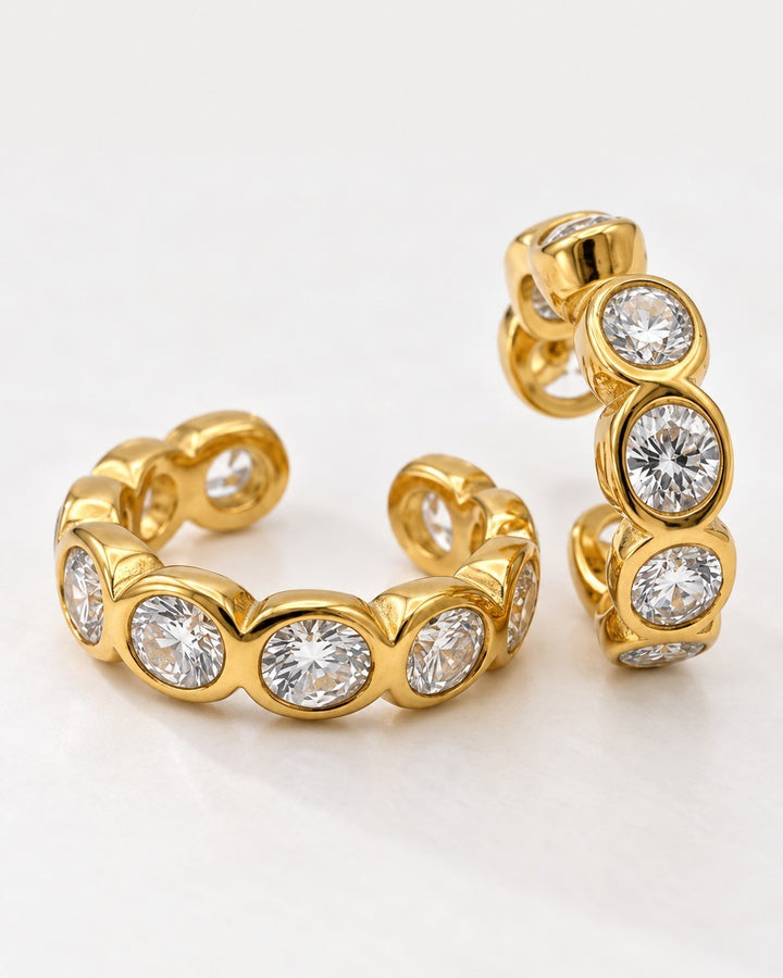 Elli Jewellery gold plated cuff earrings featuring sparkling round diamanté crystals in a waterproof, tarnish-free design