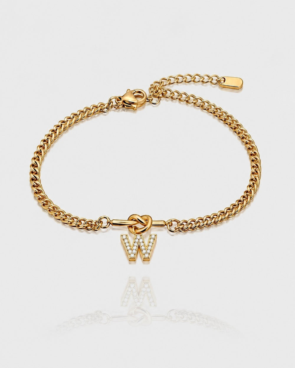 Elli Jewellery gold plated waterproof chain bracelet featuring a sparkling diamante letter W charm on a delicate link