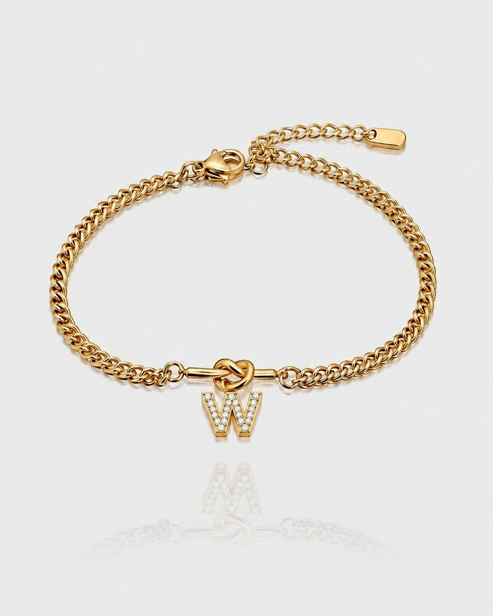 Elli Jewellery gold plated waterproof chain bracelet featuring a sparkling diamante letter W charm on a delicate link